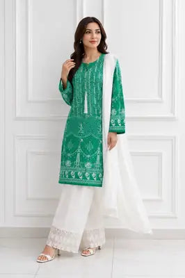 3 Pcs Women's Stitched Arabic Lawn Block Printed Suit Azadi Prints AZ1