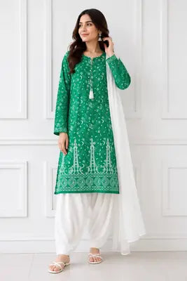 3 Pcs Women's Stitched Arabic Lawn Block Printed Suit with Shalwar