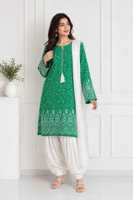 3 Pcs Women's Stitched Arabic Lawn Block Printed Suit with Shalwar