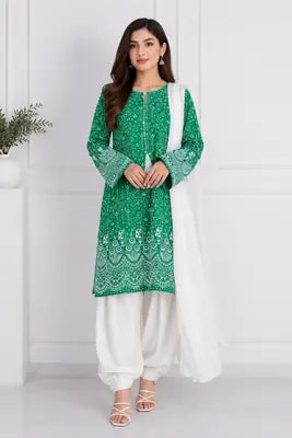 3 Pcs Women's Stitched Arabic Lawn Block Printed Suit with Shalwar