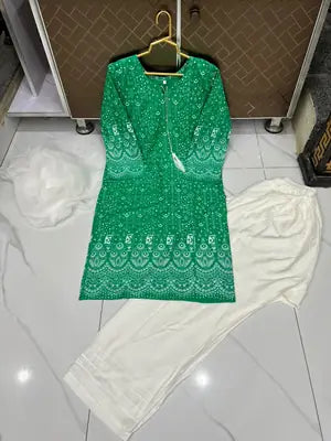 3 Pcs Women's Stitched Arabic Lawn Block Printed Suit with Shalwar